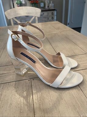 Stuart Weitzman White Ankle-Strap Sandals with Clear Block Heel